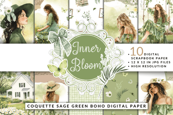 Download Coquette Sage Green Boho Digital Paper - Paper Collection