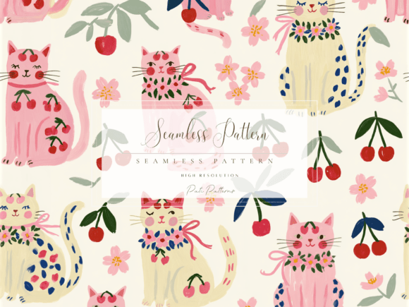 Download Cute Cherry Cat Seamless Pattern PNG for Kids - Kids Collection